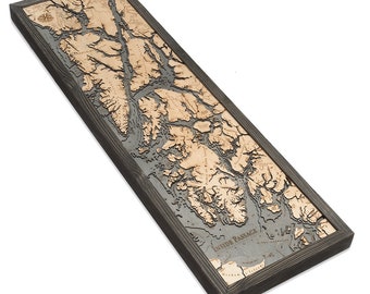 Inside Passage Wood Carved Topographic Depth Chart / Map - Gray