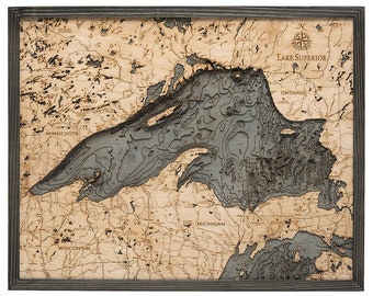 Lake Superior Wood Carved Topographic Depth Chart / Map - Gray