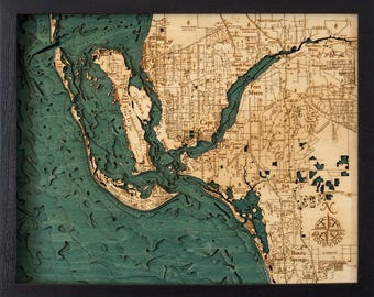 Ft. Myers Wood Carved Topographic Depth Chart / Map