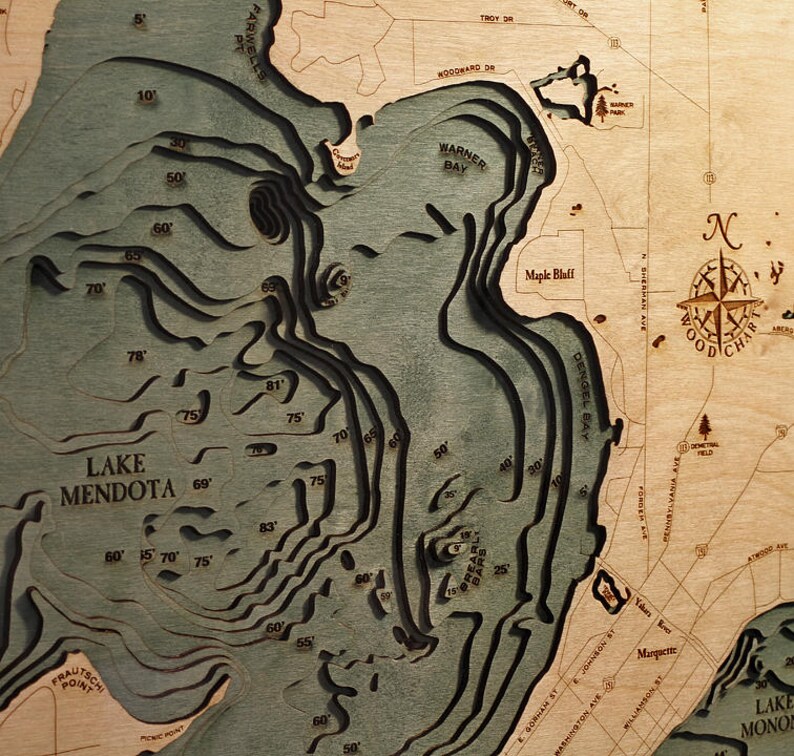 Lake Mendota & Menona WI Wood Carved Topographic Depth Chart Etsy