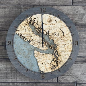 Salish Sea Wood Carved Topographic Clock