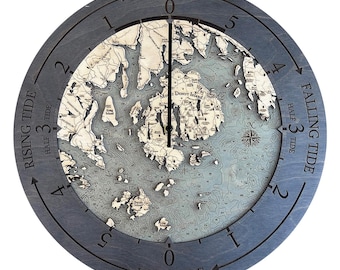 Bar Harbor / Mt Desert Tide Clock Wood Carved Topographic Clock