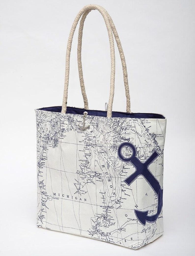 Great Lakes Sail Bag Tote | Nautical Canvas Beach Bag with Rope Handle and Anchor Closure | Great Lakes Gift 画像 1