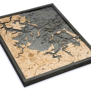 Carte/carte de profondeur topographique en bois sculpté du port de Boston