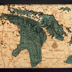 Carte/carte de profondeur topographique en bois sculpté du lac Huron