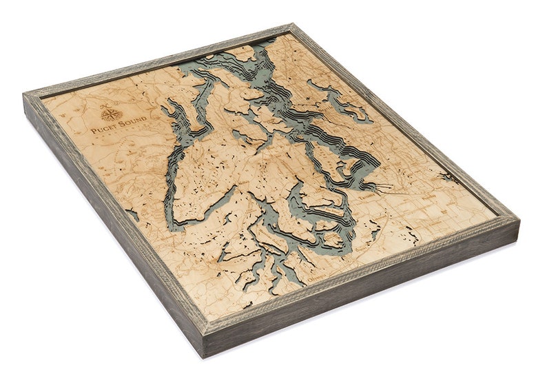Puget Sound Wood Carved Topographic Map Gray image 9
