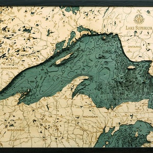Carte/carte de profondeur topographique en bois sculpté du lac Supérieur