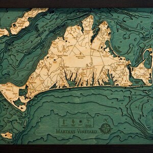 Martha's Vineyard, Massachusetts Map Gift | Laser-Cut 3D Wood Depth Chart | Wood Anniversary, Housewarming & Boater Gift Dark Frame