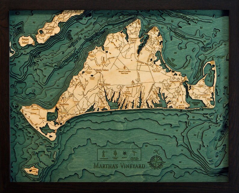 Martha's Vineyard, Massachusetts Map Gift | Laser-Cut 3D Wood Depth Chart | Wood Anniversary, Housewarming & Boater Gift Dark Frame