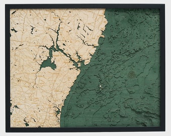 New Hampshire Coast Wood Carved Topographic Depth Chart / Map