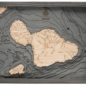 Maui Wood Carved Toographic Depth Chart / Carte (cadre gris)