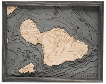 Maui Wood Carved Topographic Depth Chart / Map (gray frame)