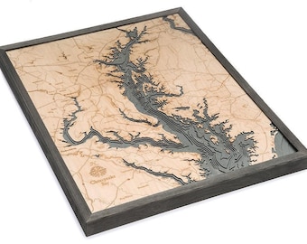 Framed Chesapeake Bay Map | Large 3D Wood Wall Art | Topographic Coastal Art for Living Room & Entryway | Handcrafted Baltic Birch