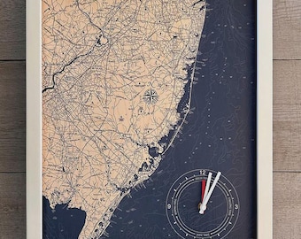 New Jersey Coast Tide Clock – Nautical Laser-Cut Wood Map Wall Art in Rustic Grey or White Frame – 16x20 Birch Coastal Decor