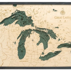 Carte/carte de profondeur topographique en bois sculpté des Grands Lacs