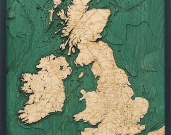 United Kingdom Wood Carved Topographic Depth Chart / Map