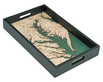 Chesapeake Bay Wood Serving Tray | Topographic Map Charcuterie Tray | Coastal Kitchen Decor | Nautical Hostess Gift