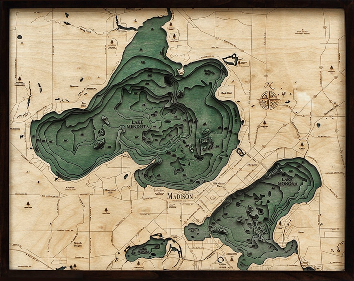 Lake Mendota & Monona WI Wood Carved Topographic Depth Chart Etsy