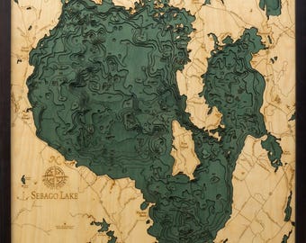 Sebago Lake Wood Carved Topographic Depth Chart / Map