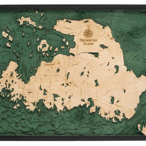 Drummond Island Wood Carved Toographical Depth Chart / Carte