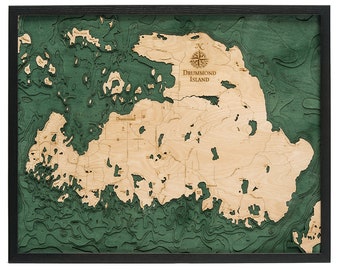 Drummond Island Wood Carved Topographical Depth Chart / Map