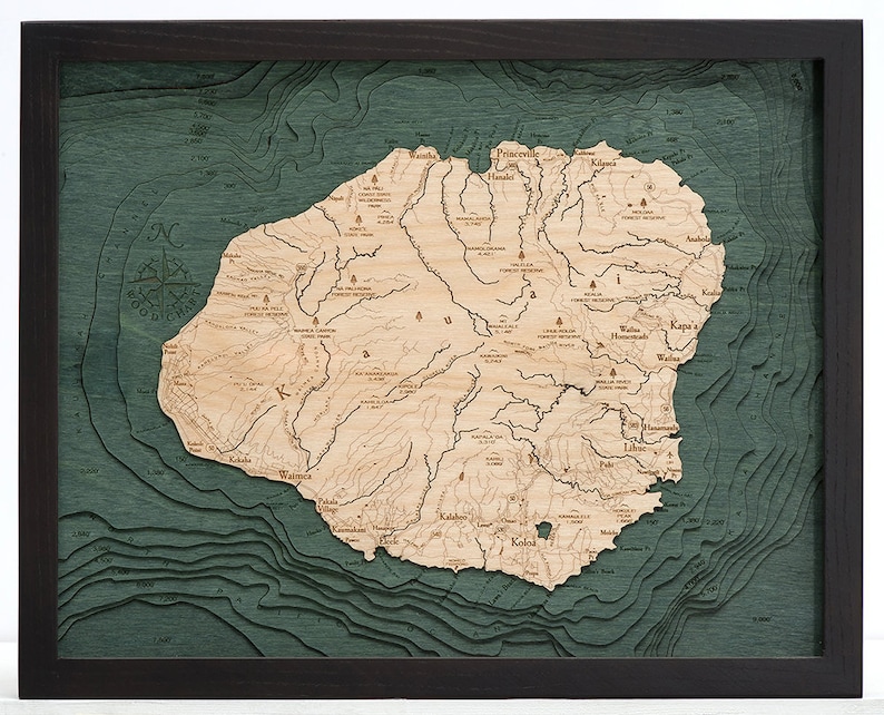 Kauai Wood Carved Topographic Depth Chart / Map Etsy