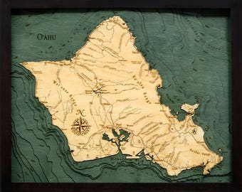 Oahu Wood Carved Topographic Depth Chart / Map