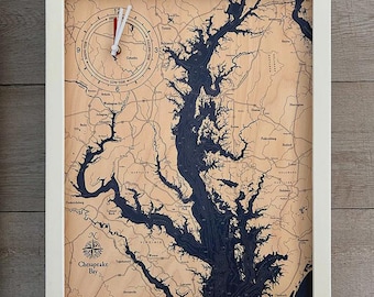 Chesapeake Bay Framed Tide & Time Clock Wood Carved Topographic Clock