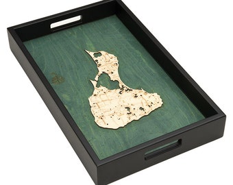 Block Island, RI Serving Tray - Solid Wood Carved Topographic Serving Tray