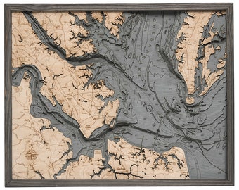 Norfolk, VA Wood Carved Topographic Depth Chart / Map (Gray)