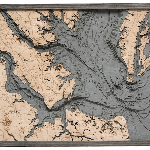 Norfolk, VA Wood Carved Topographic Depth Chart / Map (Gray)