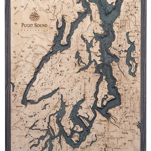 Puget Sound Wood Carved Topographic Map Gray Grey