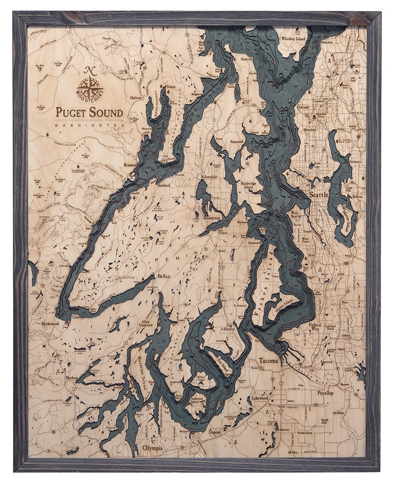 Puget Sound Wood Carved Topographic Map Gray Grey