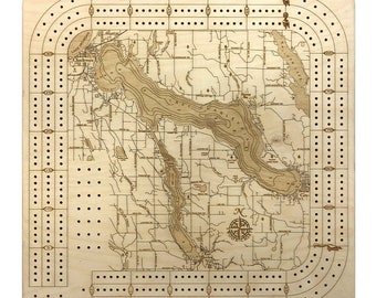 Lake Charlevoix, MI Topographic Cribbage Board