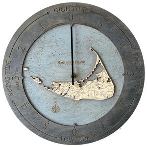 May include: A gray wooden clock with a nautical map of Nantucket Island, Massachusetts. The clock face shows the tide levels with markings for high tide, low tide, and rising and falling tide.