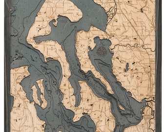 Whidbey & Camano Islands Wood Carved Topographic Depth Chart / Map Gray Frame