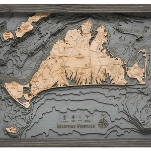 Carte/Carte de profondeur topographique en bois sculpté de Martha's Vineyard - Cadre gris