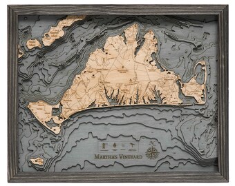 Martha's Vineyard, Massachusetts Wood Carved Topographic Depth Chart / Map - Gray Frame