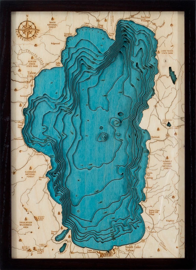 Lake Tahoe Wood Carved Topographical Depth Chart / Map 3 - Etsy
