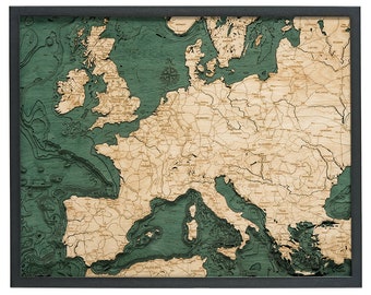 Western Europe Wood Carved Topographic Depth Chart / Map