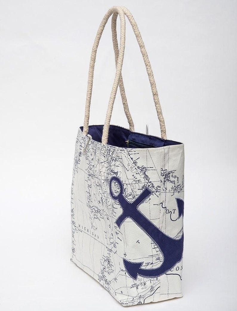 Great Lakes Sail Bag Tote | Nautical Canvas Beach Bag with Rope Handle and Anchor Closure | Great Lakes Gift 画像 2