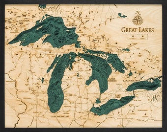 Great Lakes Wood Carved Topographical Depth Chart / Map