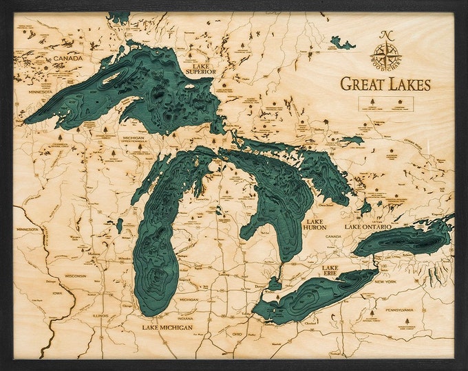 Featured listing image: Great Lakes Wood Carved Topographical Depth Chart / Map