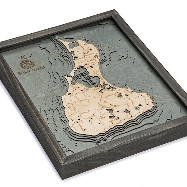 Block Island, RI Wood Carved Topographic Depth Chart / Map