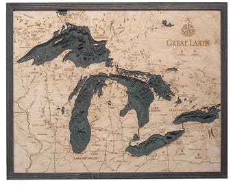 Great Lakes Topographic Wood Map, Clock, Cribbage, Pillow, and Serving Tray