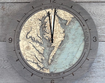 Chesapeake Bay Tide & Time Clock | Wood Carved Topographic Wall Clock | Coastal Decor | Gift for Boaters and Beach Lovers