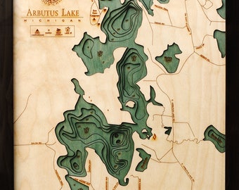 Arbutus, Traverse City Wood Carved Topographic Depth Chart / Map