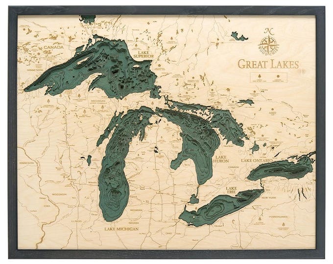 Featured listing image: Great Lakes Wood Carved Topographical Depth Chart / Map - White Frame - 3 Frame Options