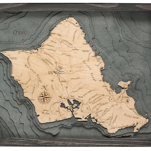 Collection de cartes topographiques en bois sculpté d'Oahu - horloge, décoration d'intérieur en liège, oeuvre d'art murale suspendue