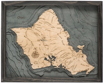 Oahu Wood Carved Topographic Depth Chart / Map Collection - Clock, Cork Home Decor, Hanging Wall Art
